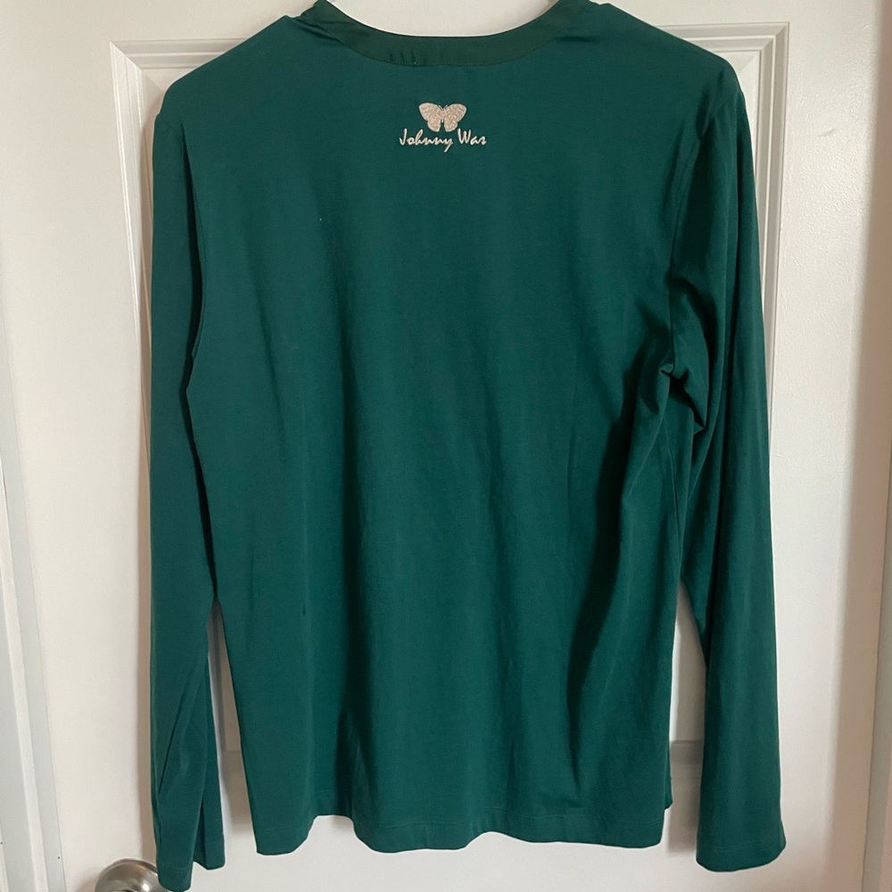Johnny Was Henley Logo Tee with Embroidered Butterfly